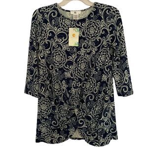 AJ Amelia James Navy White Floral Gathered Front Blouse